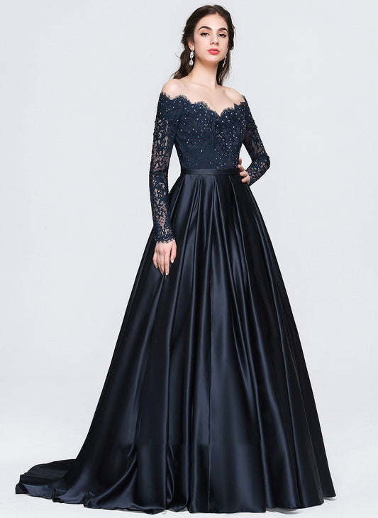 Off-the-Shoulder Satin With Maggie Train Ball-Gown/Princess Sweep Beading Prom Dresses