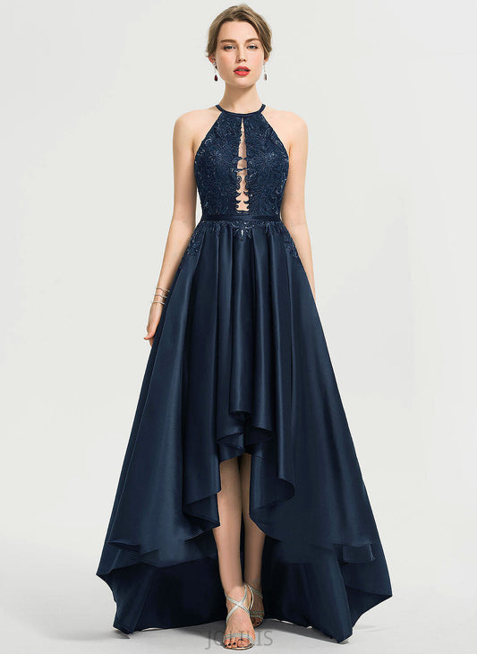 Sequins Patti Scoop With A-Line Satin Asymmetrical Neck Prom Dresses