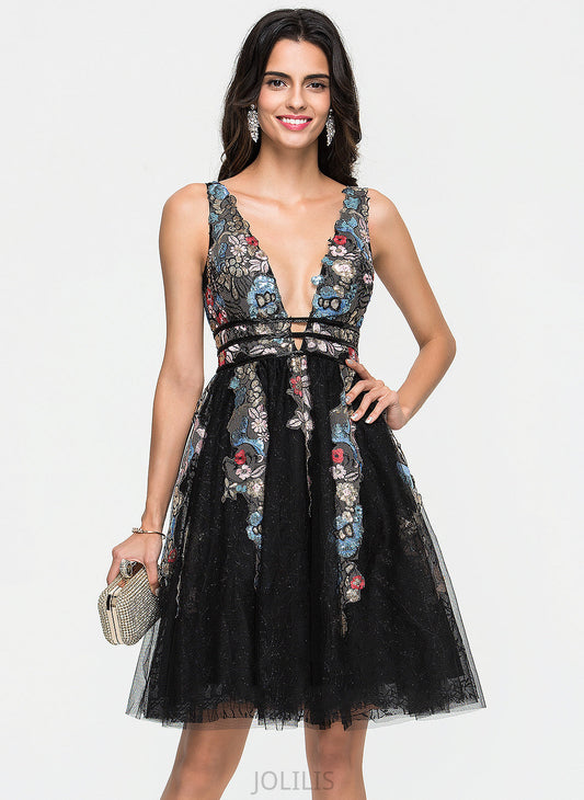 Tulle A-Line Homecoming Dresses Knee-Length With Dress Sequins Shiloh Homecoming V-neck Lace Beading