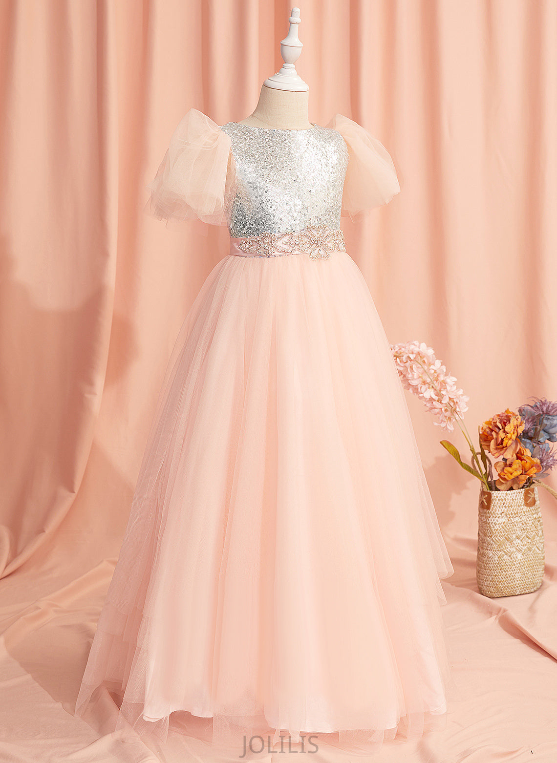 Judy Flower Scoop Flower Girl Dresses With Dress Girl Short Neck Floor-length Beading/Sequins/Bow(s) - Tulle/Sequined Ball-Gown/Princess Sleeves