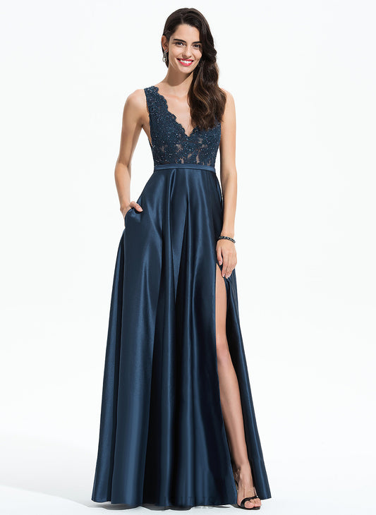 Prom Dresses A-Line Marcie V-neck Satin Sequins With Floor-Length