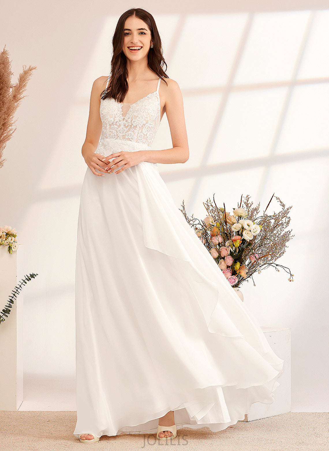 Floor-Length Dress Wedding A-Line V-neck Adeline Sequins Wedding Dresses With