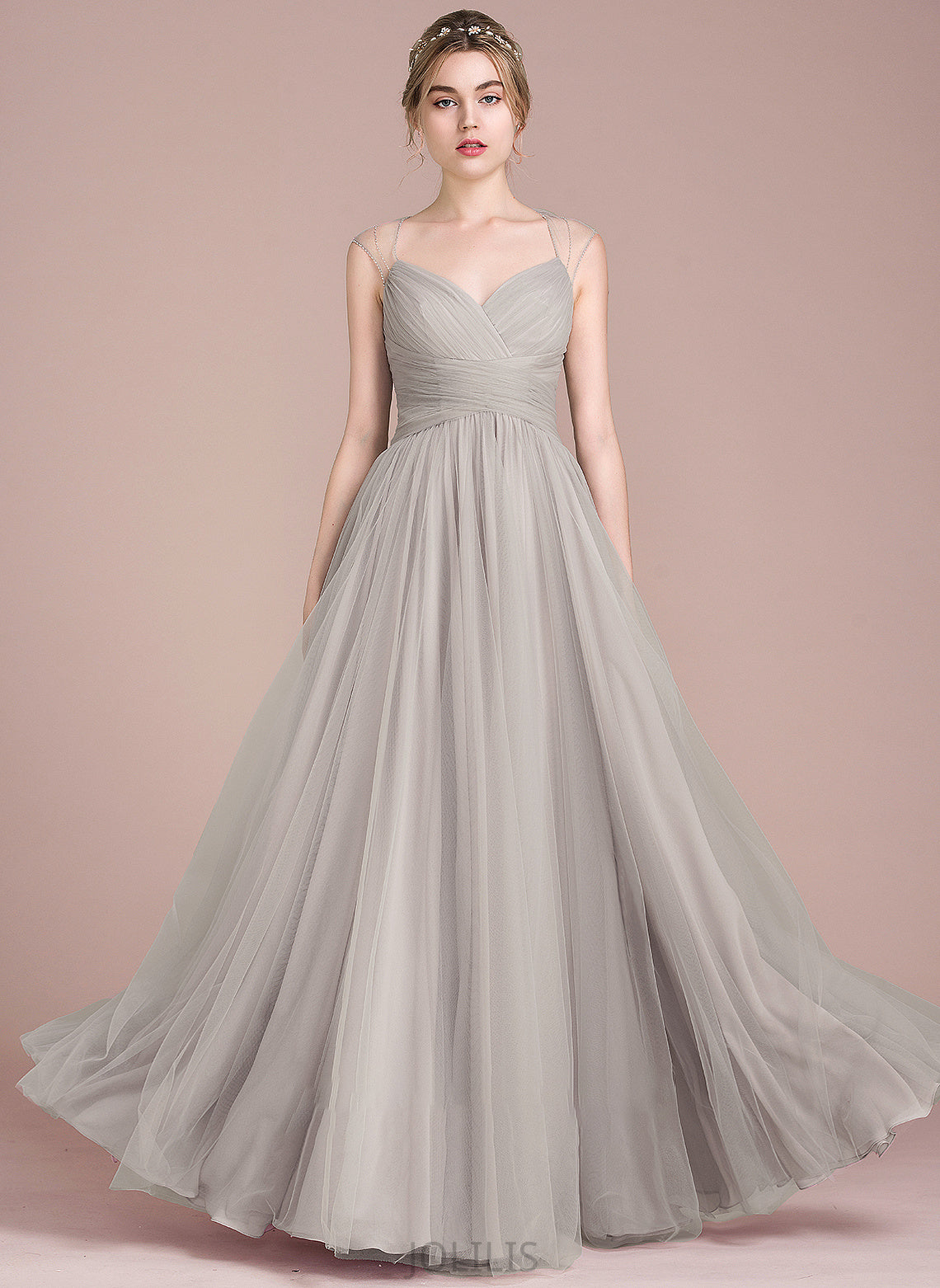 Beading Ruffle V-neck Floor-Length Tulle With Ball-Gown/Princess Prom Dresses Paula