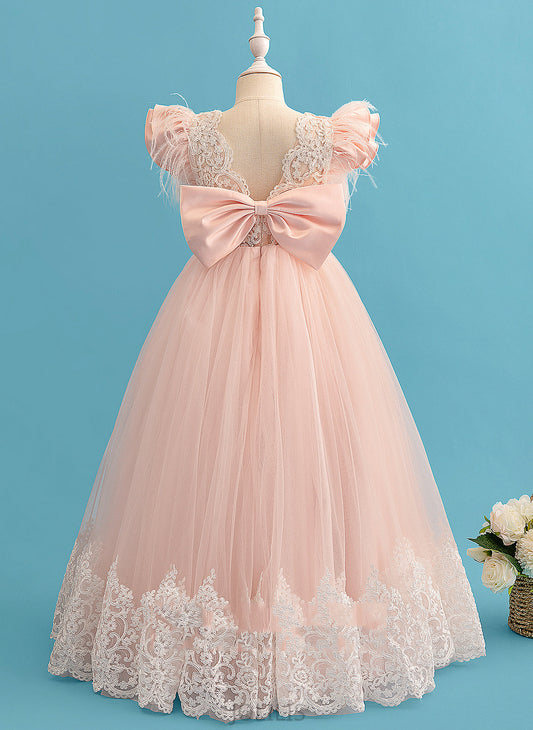 Neck Flower Girl Dresses Anaya Scoop Lace With Ruffles/Feather/Bow(s) Dress Girl Floor-length Flower - Short Sleeves Ball-Gown/Princess