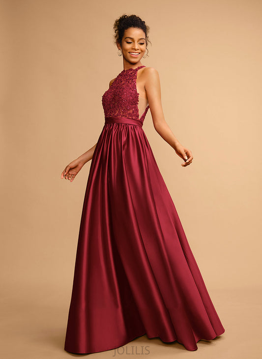 Ball-Gown/Princess With Satin Sequins Floor-Length Prom Dresses Halter Jayleen