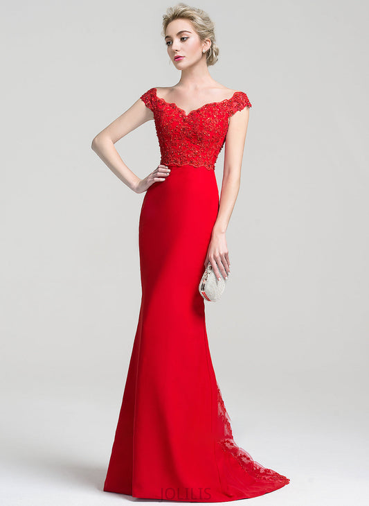 Prom Dresses Sweep Trumpet/Mermaid Lace Sequins Beading Jimena Chiffon Off-the-Shoulder Train With