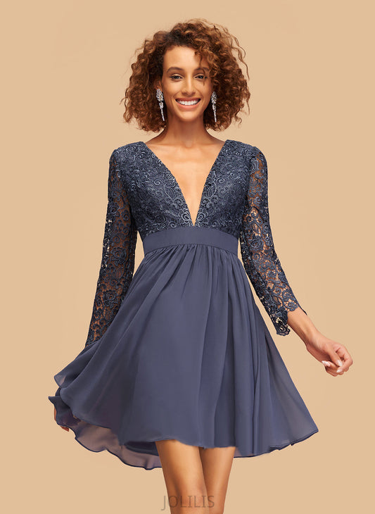 Dress Homecoming Dresses Homecoming Short/Mini Chiffon Lace A-Line With V-neck Lesley