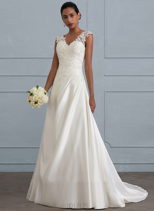 Alissa Sweep Ball-Gown/Princess Lace Wedding Dresses Ruffle Wedding Satin V-neck With Beading Sequins Dress Train