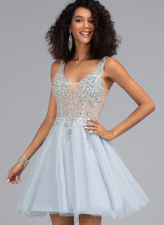 Dahlia Sequins V-neck Tulle Prom Dresses With A-Line Beading Short/Mini