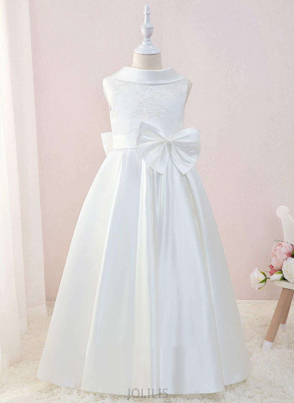 Flower Girl Dresses Dress Sleeveless Floor-length Satin/Lace Neck Ball-Gown/Princess - Girl With Sandra Scoop Bow(s) Flower