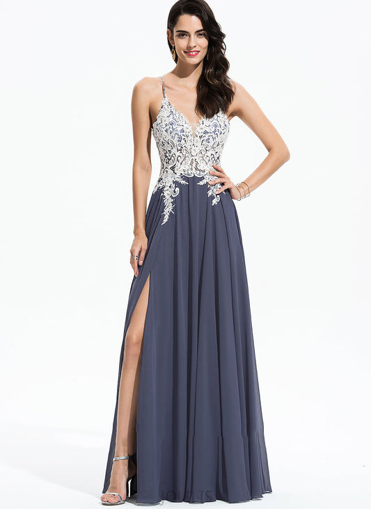 With Front Julianna Chiffon Beading Floor-Length A-Line Sequins Lace Prom Dresses Split