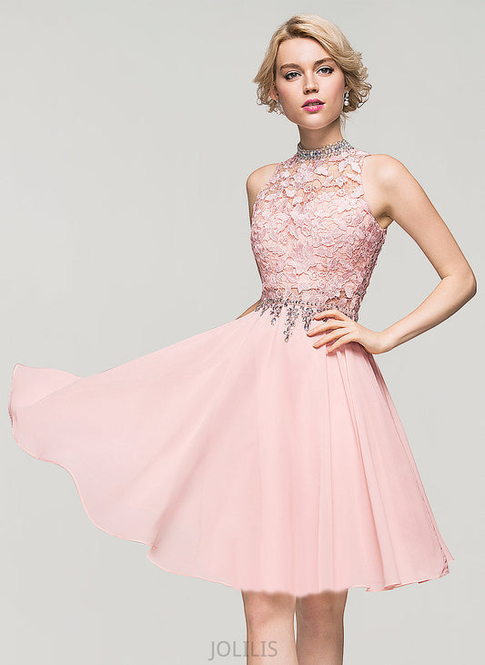 A-Line High With Homecoming Dress Sequins Chiffon Lace Knee-Length Beading Neck Ariella Homecoming Dresses