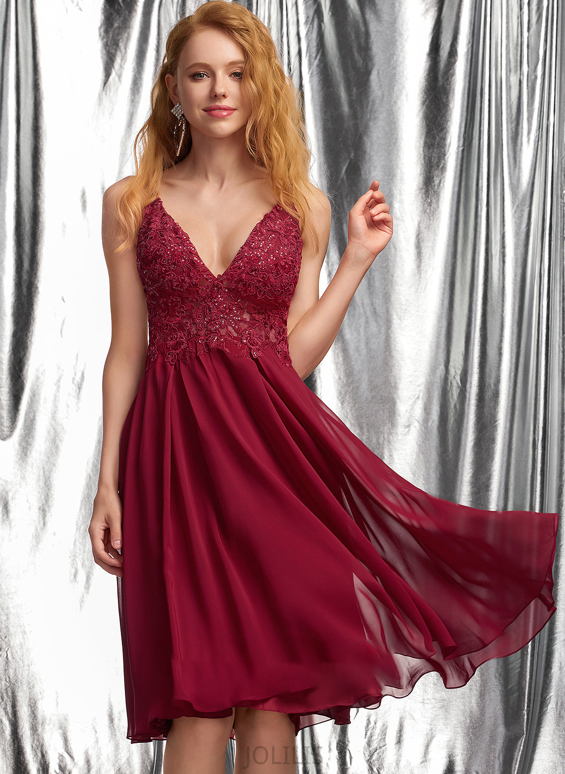 With V-neck Sequins Chiffon Prom Dresses Kaley Knee-Length A-Line