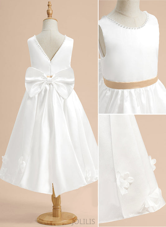 Flower Jaylynn A-Line Dress Flower Girl Dresses Sleeveless With Satin - Scoop Sash/Beading/Flower(s)/Bow(s) Tea-length Neck Girl