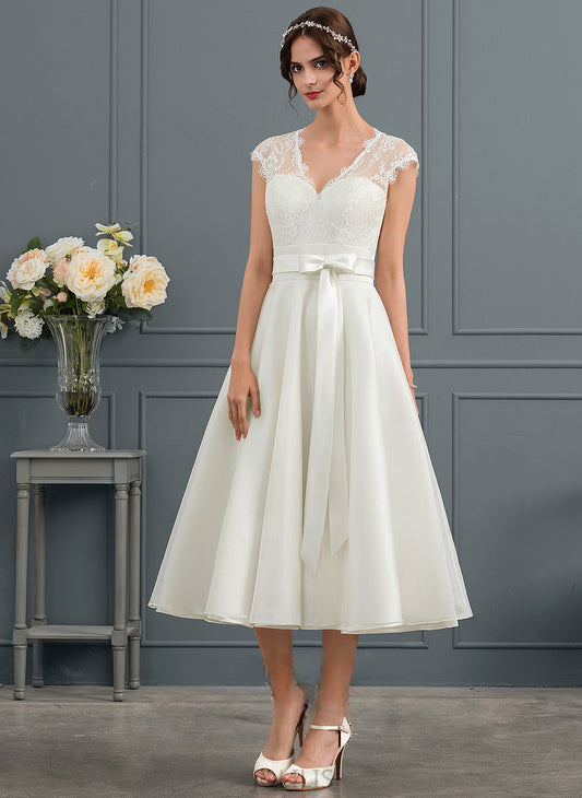 Lace Tea-Length With V-neck Bow(s) Wedding Dresses Dress Satin Carmen A-Line Wedding