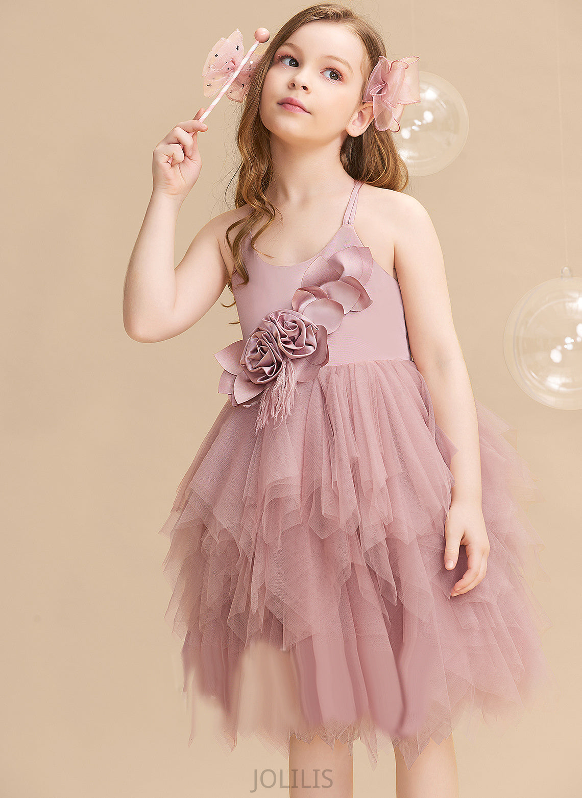 Ball-Gown/Princess Tulle With Scalloped Feather/Flower(s) - Neck Sleeveless Dress Flower Flower Girl Dresses Yasmine Knee-length Girl