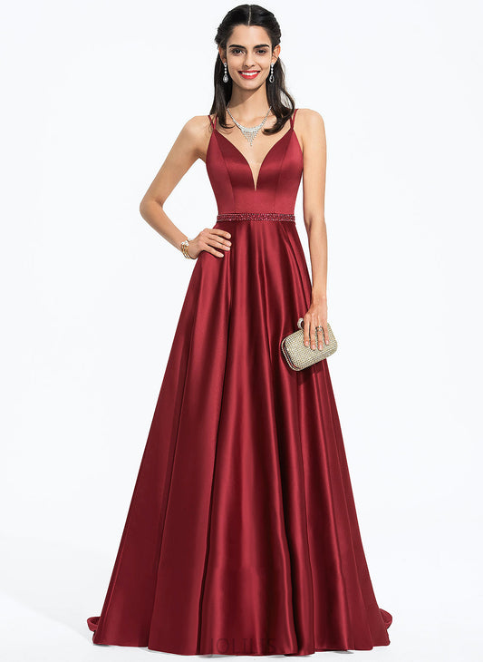 Satin Train Beading Nayeli With Sequins Sweep V-neck Prom Dresses A-Line