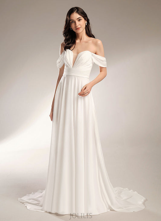 Chiffon A-Line Court Wedding Off-the-Shoulder With Diya Dress Train Pleated Wedding Dresses