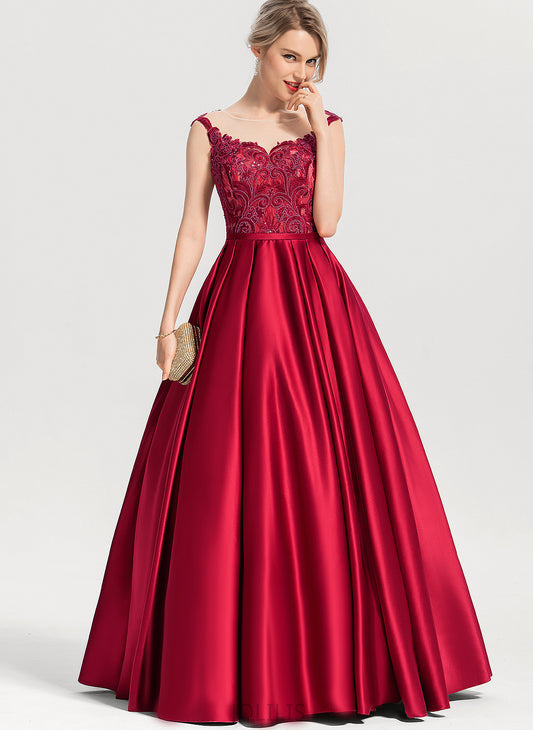 Sequins Ball-Gown/Princess Floor-Length Scoop Prom Dresses Anika Satin With Lace