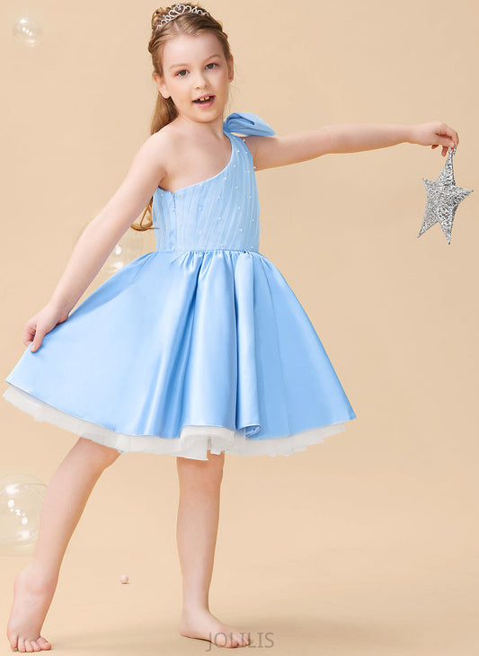 Satin/Tulle Girl Beading/Bow(s) - One-Shoulder Flower Girl Dresses With Knee-length Lilyana A-Line Flower Sleeveless Dress