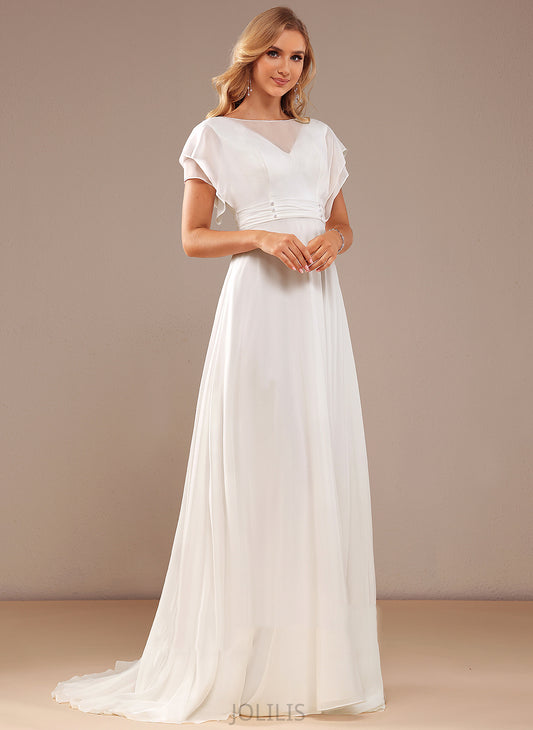 Dress With Wedding Neck Nataly Chiffon Wedding Dresses Train Beading Sweep Scoop A-Line