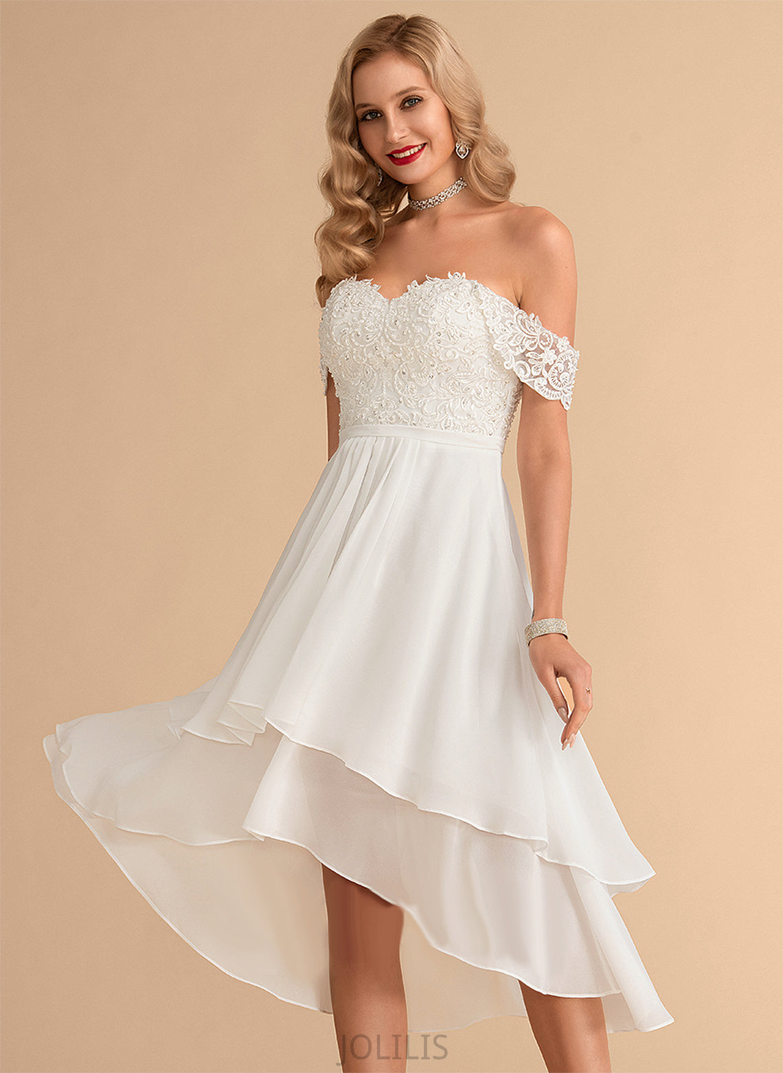 Wedding Dresses Dress Sequins Aliyah Asymmetrical Off-the-Shoulder With Lace Wedding Chiffon Beading A-Line