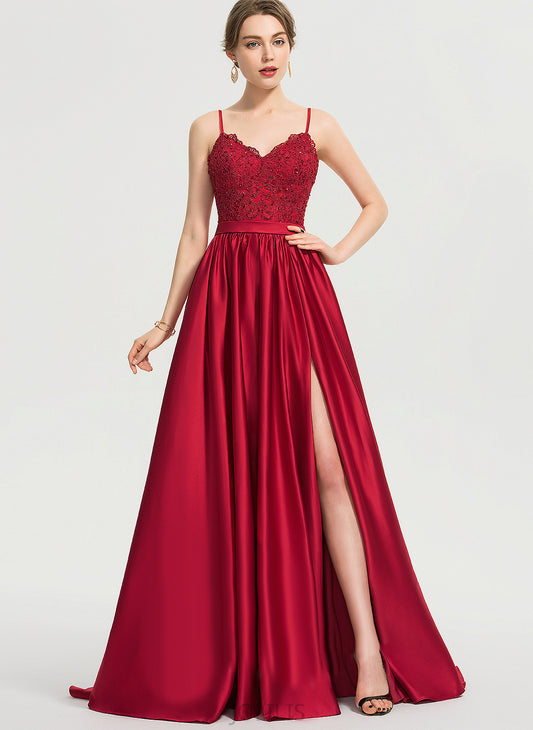 Beading Sweep Amina Train With Ball-Gown/Princess Lace Satin V-neck Sequins Prom Dresses