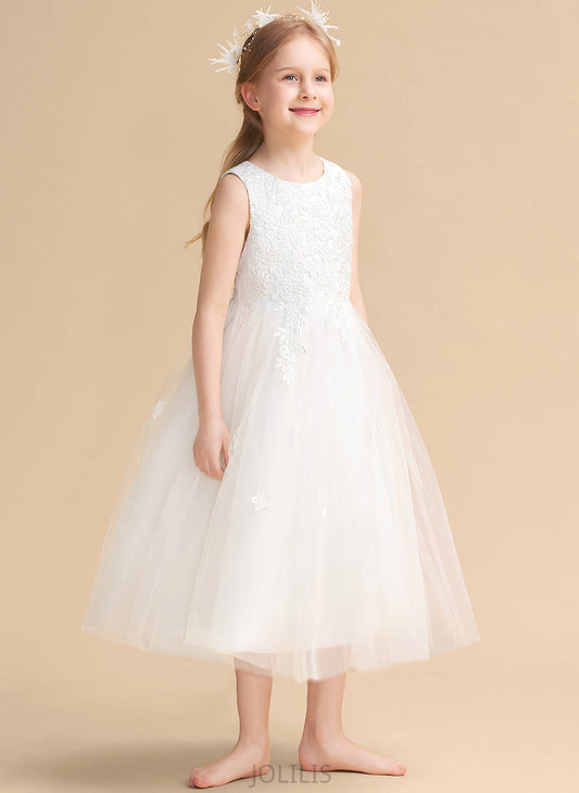 Satin/Tulle - Bow(s) Dress Neck With Tea-length Flower Girl Dresses Kenya Girl Scoop Flower Sleeveless A-Line