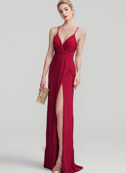 Floor-Length With V-neck Heather Prom Dresses Ruffle Sheath/Column Jersey