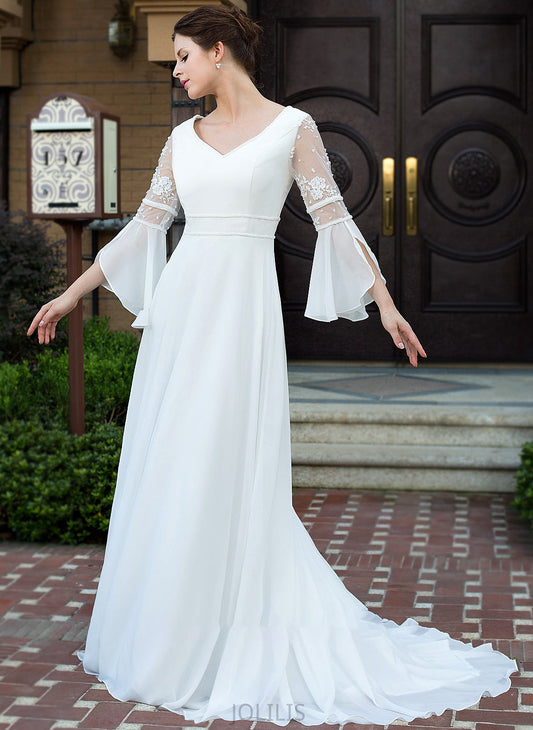 Beading Kailee Court Chiffon Wedding Wedding Dresses A-Line Lace V-neck With Dress Train