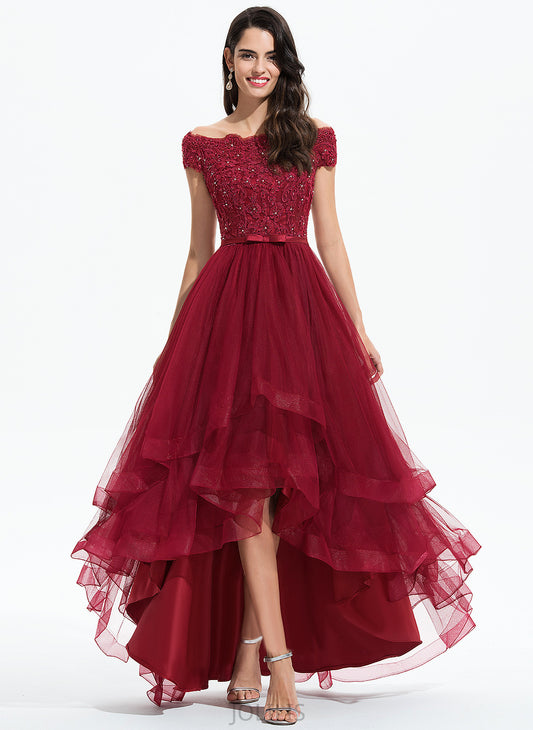 Lace Beading Prom Dresses Tina A-Line Asymmetrical Bow(s) Tulle Sequins With Off-the-Shoulder