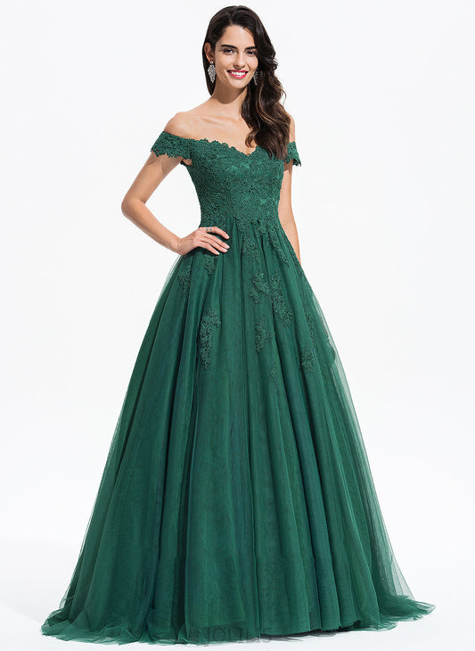 Train Sweep Monica Prom Dresses V-neck Lace With Ball-Gown/Princess Tulle