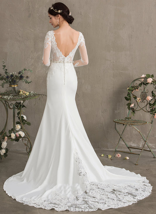 Sequins Wedding Dresses With Lace Wedding Dress Stretch Sophie Neck Scoop Crepe Train Beading Trumpet/Mermaid Chapel