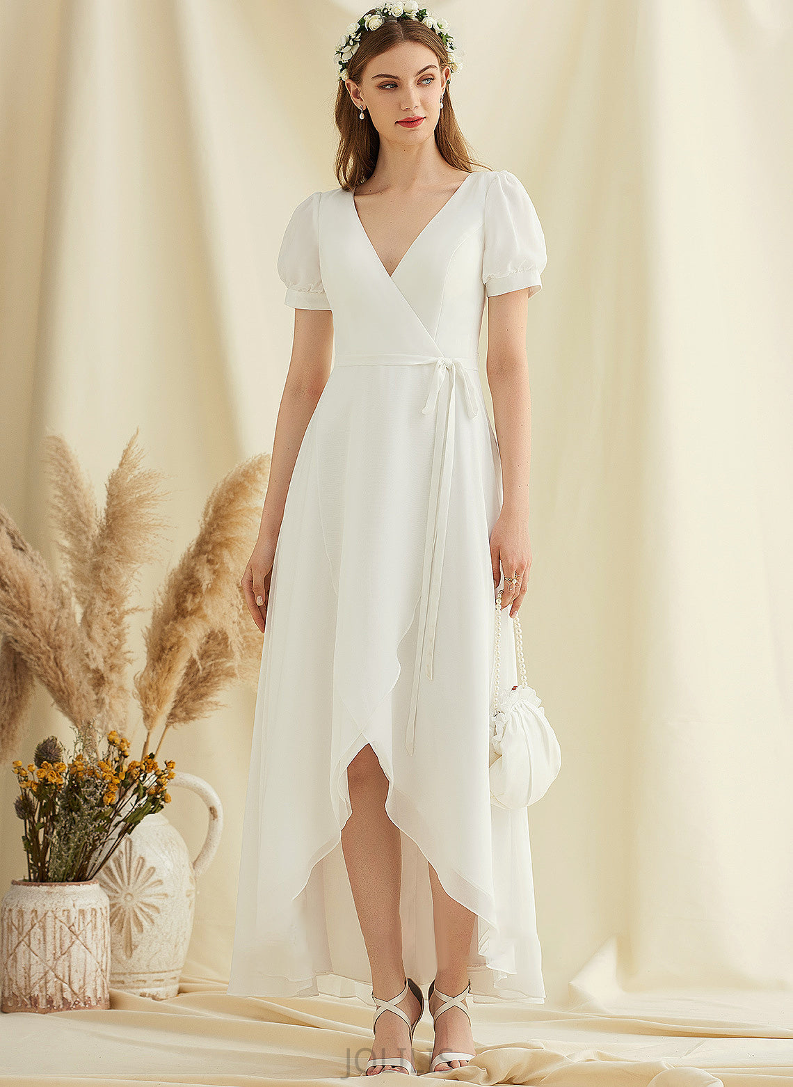 Chiffon Dress Kaelyn Asymmetrical Wedding Wedding Dresses V-neck A-Line