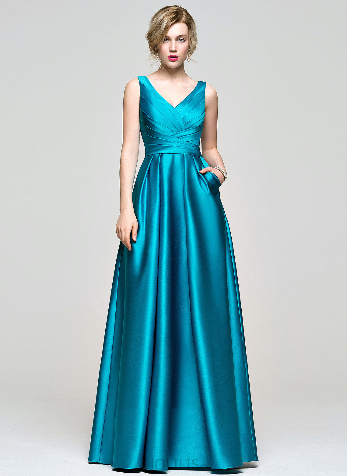 Ball-Gown/Princess V-neck Ruffle Pockets Satin With Floor-Length Neveah Prom Dresses