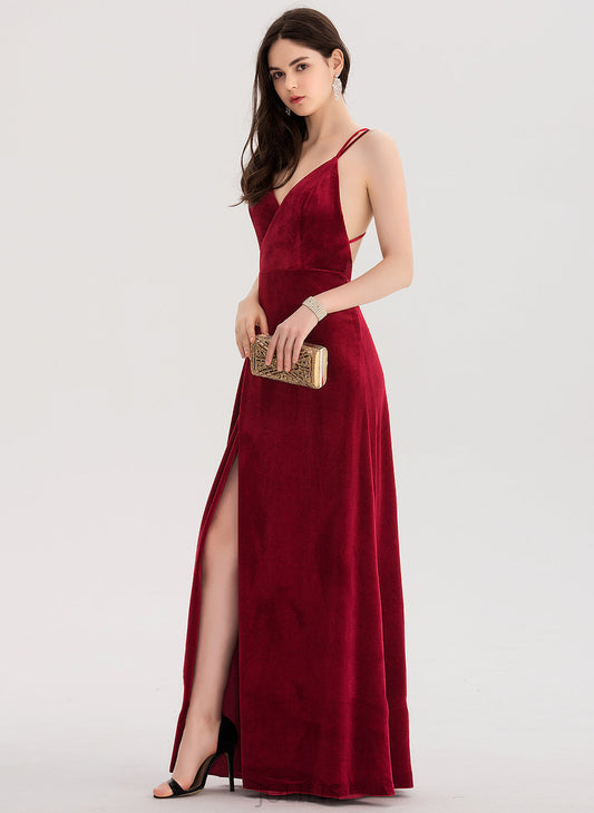 Corinne Floor-Length Split V-neck Front Prom Dresses A-Line Velvet With