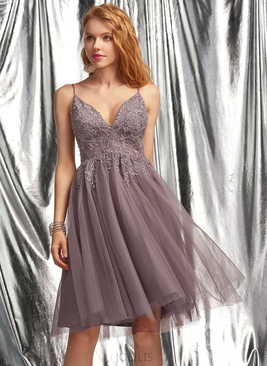 Prom Dresses Tulle Heidy V-neck With A-Line Knee-Length Beading Sequins