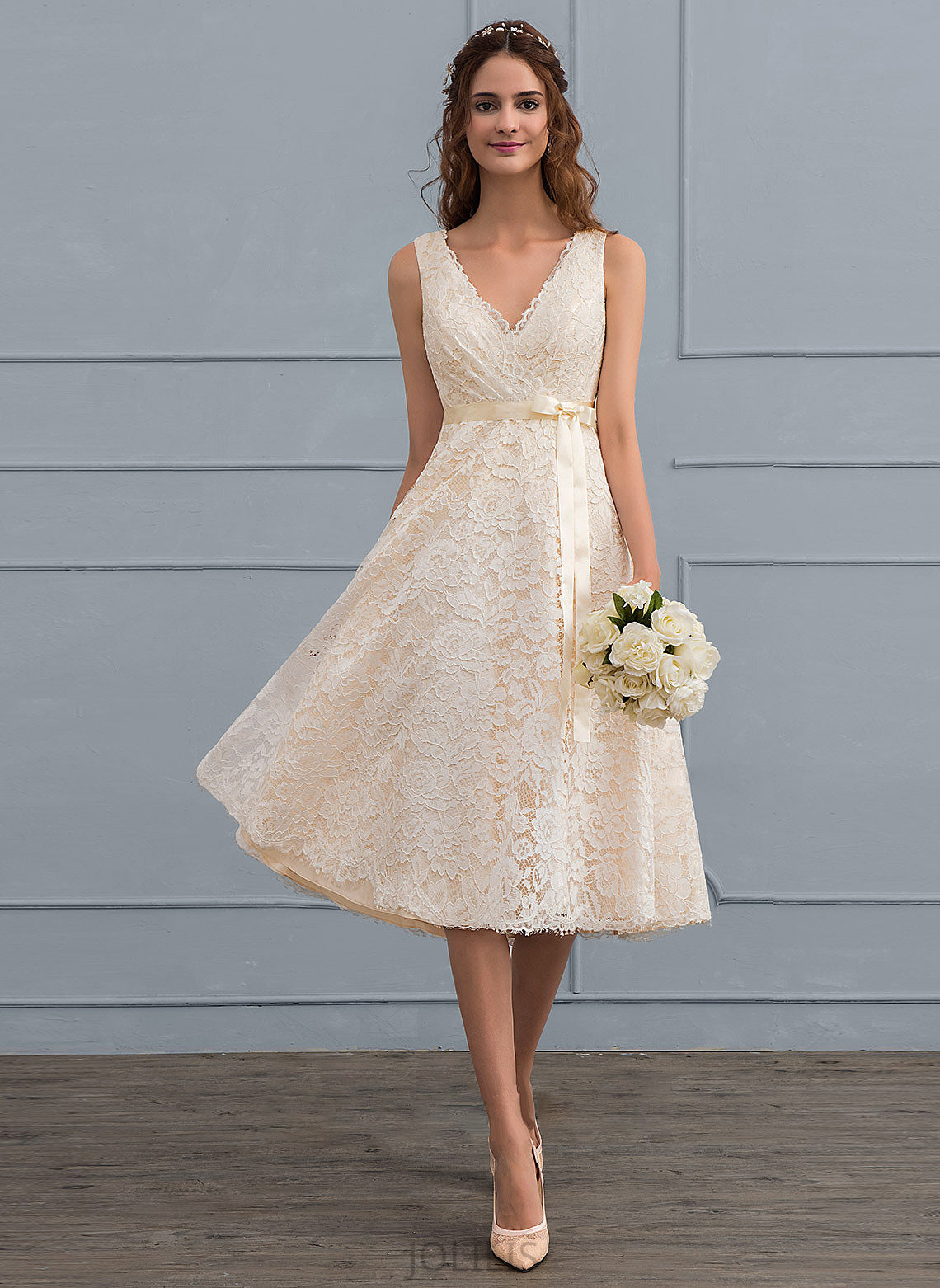 Wedding Knee-Length Leilani Dress Bow(s) With Lace Wedding Dresses A-Line V-neck