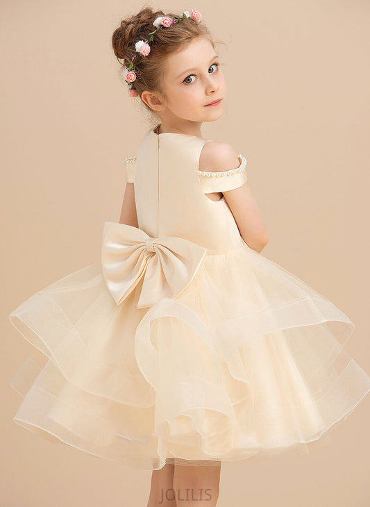 Ball-Gown/Princess Satin/Tulle With Scoop Flower Girl Dresses Flower Dress Beading/Bow(s) Sleeveless Knee-length - Madilynn Girl Neck