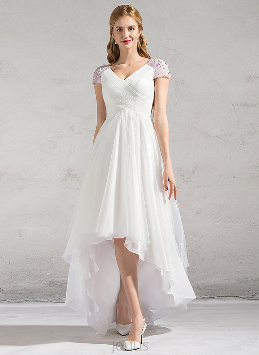 A-Line V-neck Asymmetrical Tulle Lacey Dress Ruffle Sequins Beading Wedding Dresses With Wedding