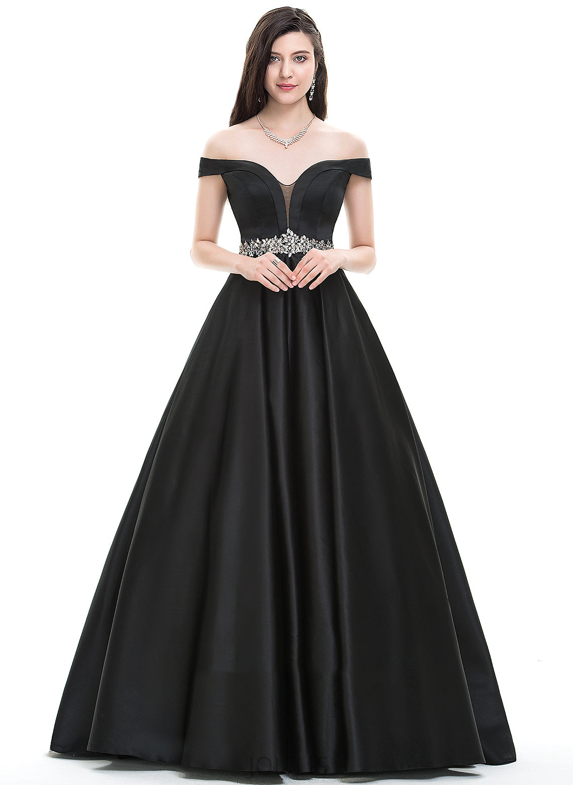 Satin Floor-Length Angie Ball-Gown/Princess With Prom Dresses Off-the-Shoulder Beading