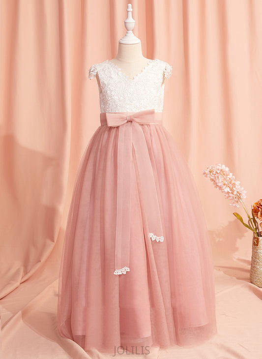 Dress - Cameron Flower Sash/Bow(s)/V Ball-Gown/Princess Girl V-neck Short Floor-length Sleeves With Flower Girl Dresses Tulle Back