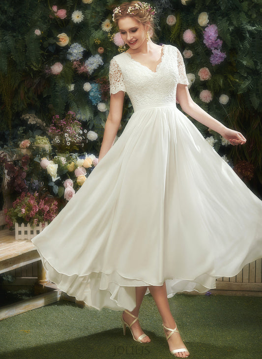 Asymmetrical Dress Wedding A-Line Juliet Wedding Dresses With Chiffon V-neck Lace