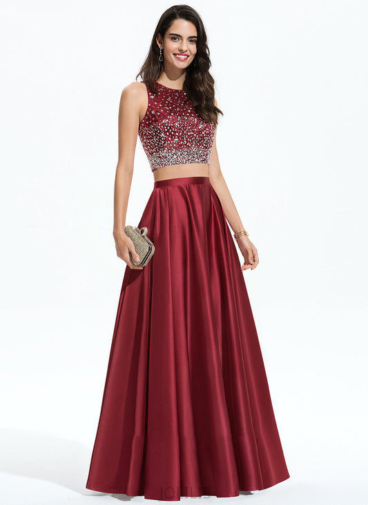 Satin Sequins A-Line Beading Prom Dresses Neck Scoop Winifred Floor-Length With