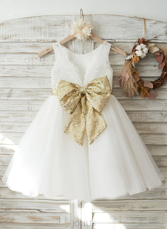 Flower Tulle/Lace/Sequined Knee-length Bow(s)/V - Girl A-Line Flower Girl Dresses Back Dress Patti Neck Sleeveless With Scoop