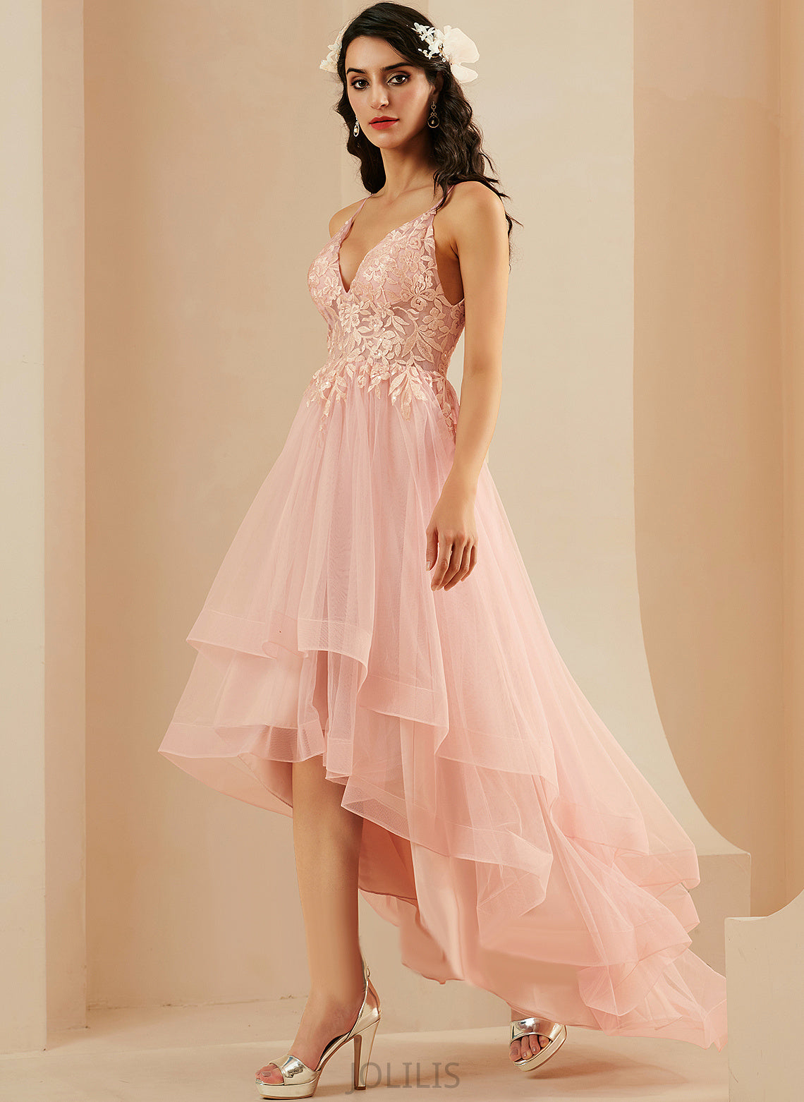 Lace Ball-Gown/Princess Sanaa Tulle V-neck Prom Dresses Asymmetrical