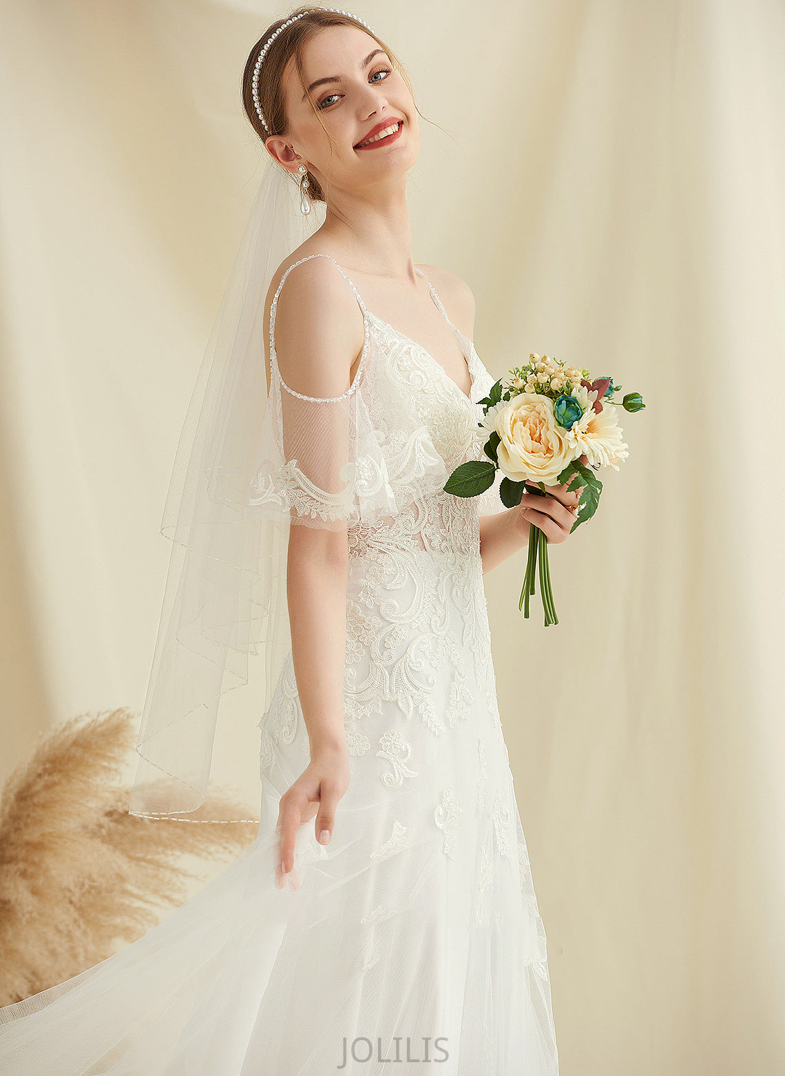 Train Beading Lace A-Line Dress Cora Tulle Wedding Dresses With Wedding Sweep