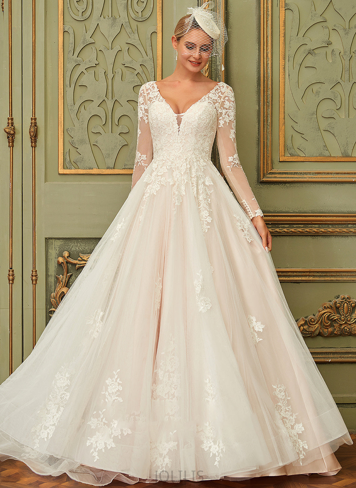 Ball-Gown/Princess Wedding Dresses Gabrielle Sweep Tulle V-neck Train Dress Wedding Lace