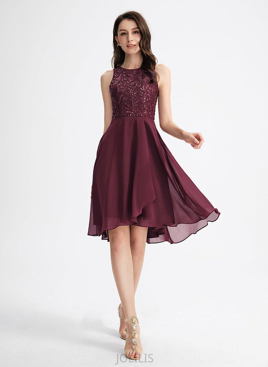 Homecoming Scoop Regan A-Line Sequins Dress Neck Chiffon Lace Homecoming Dresses With Asymmetrical