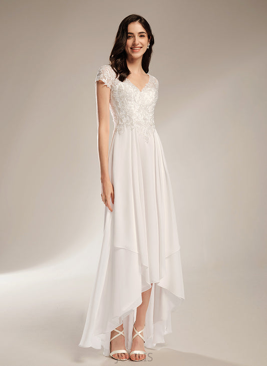 Chiffon Dress Lace Asymmetrical Wedding Dresses V-neck Lillianna Wedding A-Line